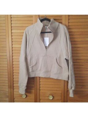 AEMI + CO NWT Sand Long Dove Funnel Neck Half Zip Activewear Crop Hoodie Size L
